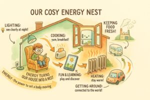 Children's infographic showing how energy powers a cosy home: lighting, cooking, heating, keeping food fresh and getting around