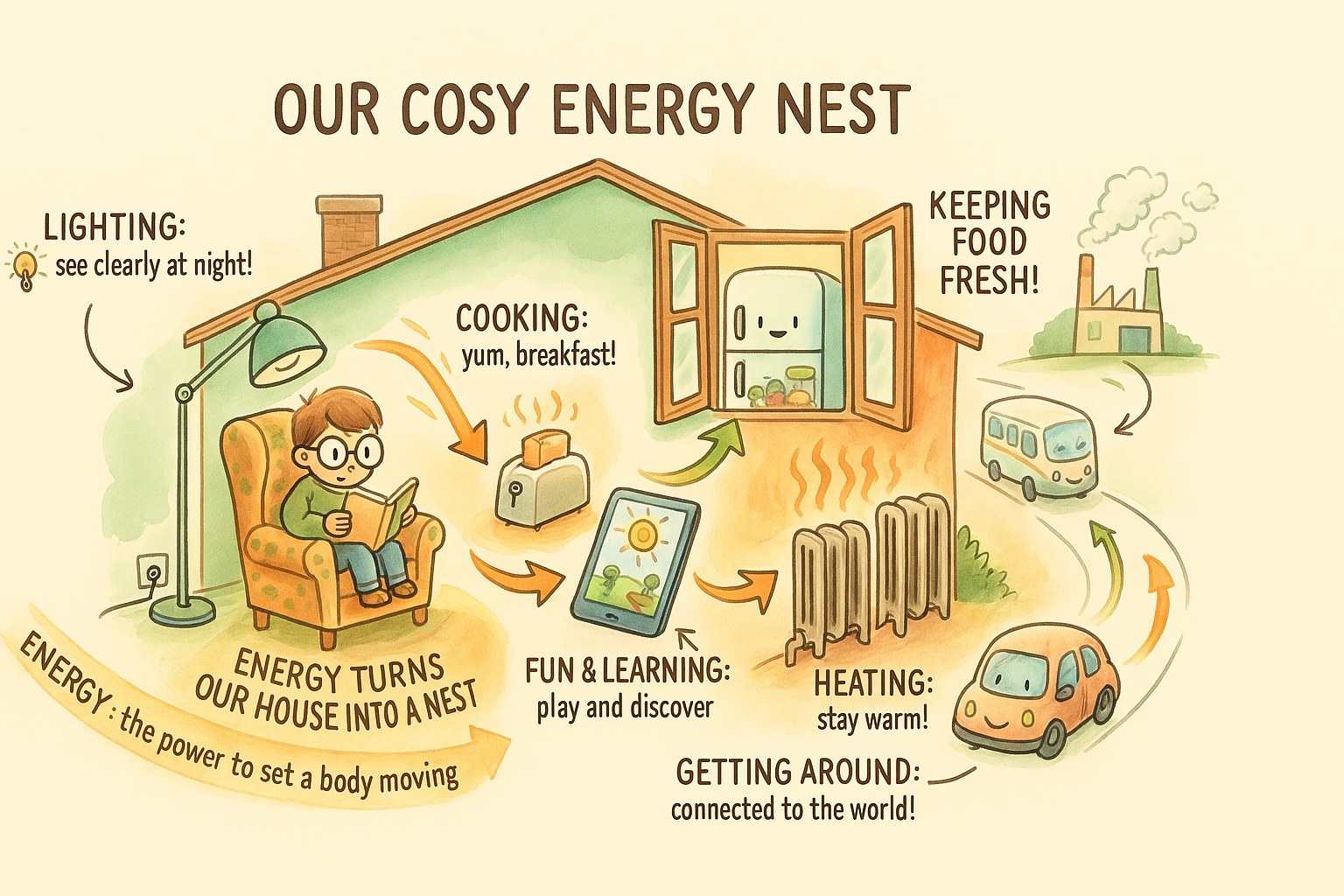 Children's infographic showing how energy powers a cosy home: lighting, cooking, heating, keeping food fresh and getting around