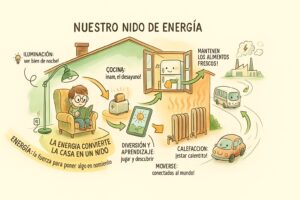 Infografía infantil que muestra cómo la energía da vida a una casa acogedora: iluminación, cocina, calefacción, conservar alimentos y moverse