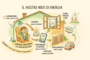Infografica per bambini che mostra come l'energia anima una casa accogliente: illuminazione, cucina, riscaldamento, cibi freschi e spostamenti