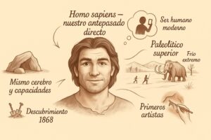 Retrato ilustrado de un hombre de Cromañón con etiquetas sobre el Homo sapiens y la Edad de Hielo
