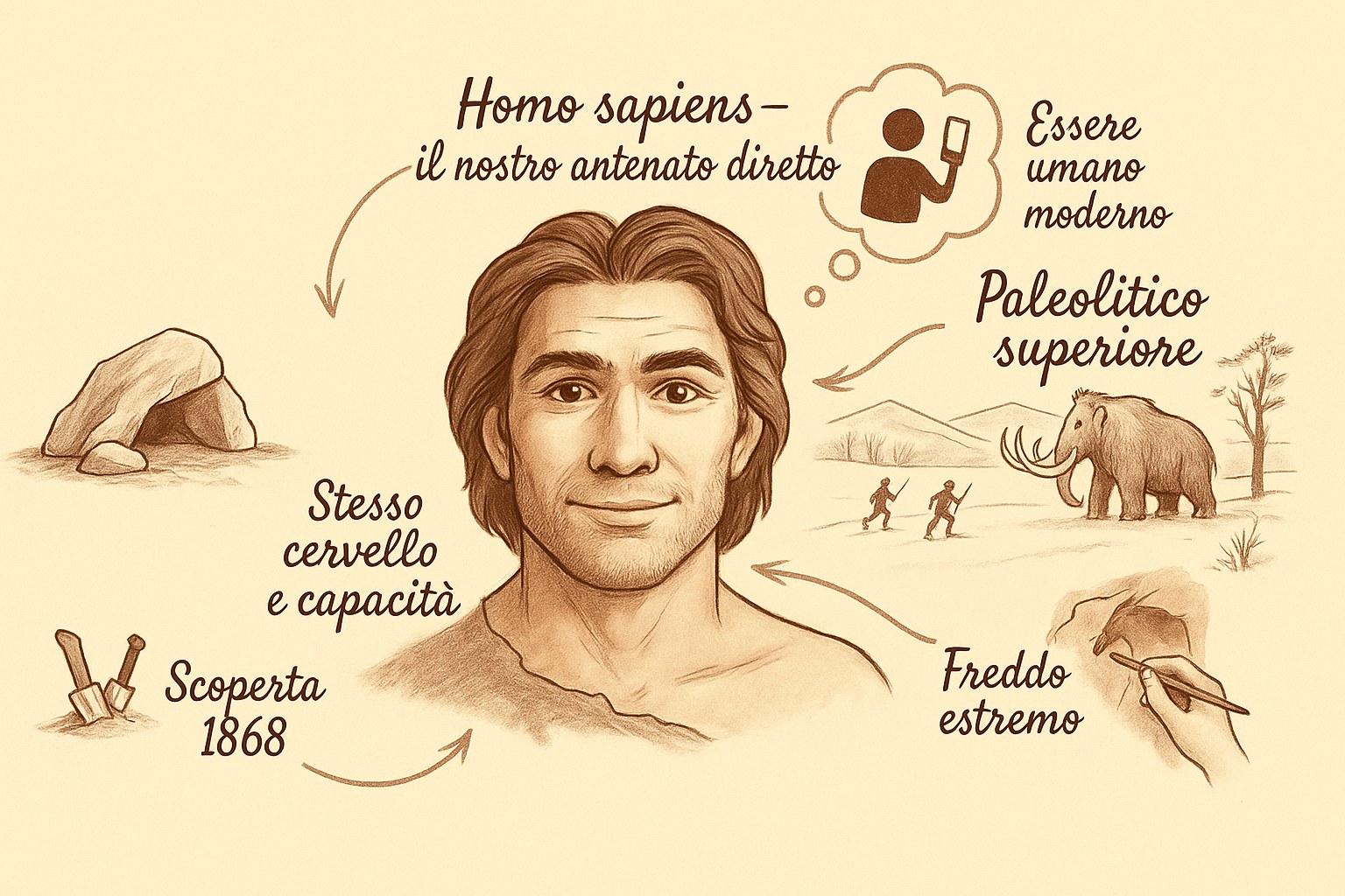 Ritratto illustrato di un uomo di Cro-Magnon con etichette sull'Homo sapiens e l'era glaciale