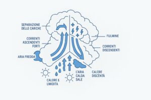 Schema della formazione di un cumulonembo e ciclo di vita di un temporale