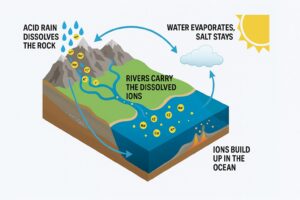Diagram of the salt cycle: acid rain dissolves the rock, rivers carry the dissolved ions, water evaporates while salt stays, and ions build up in the ocean