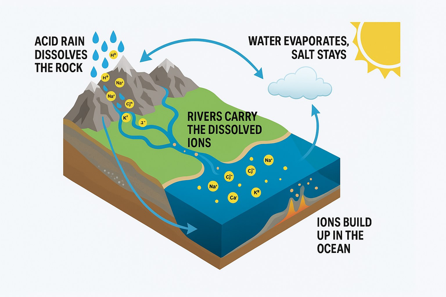 Diagram of the salt cycle: acid rain dissolves the rock, rivers carry the dissolved ions, water evaporates while salt stays, and ions build up in the ocean