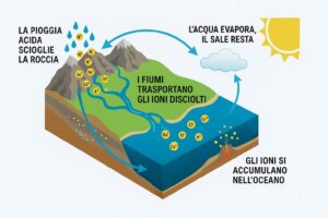 Schema del ciclo del sale: la pioggia acida scioglie la roccia, i fiumi trasportano gli ioni disciolti, l'acqua evapora mentre il sale resta e gli ioni si accumulano nell'oceano