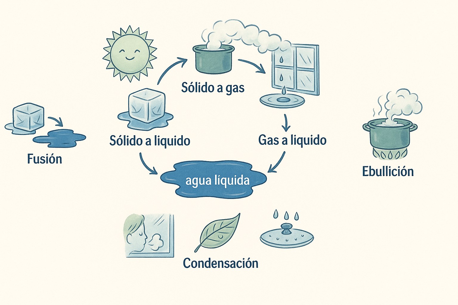 Esquema educativo que muestra los diferentes estados del agua para niños