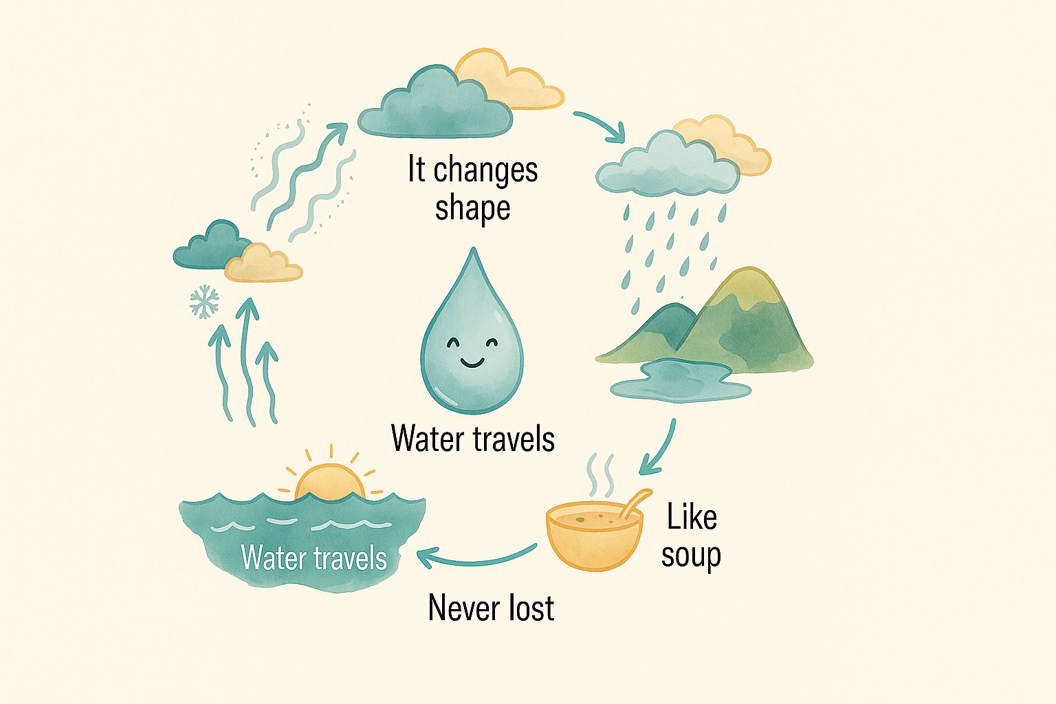 Diagram showing the stages of the water cycle for kids