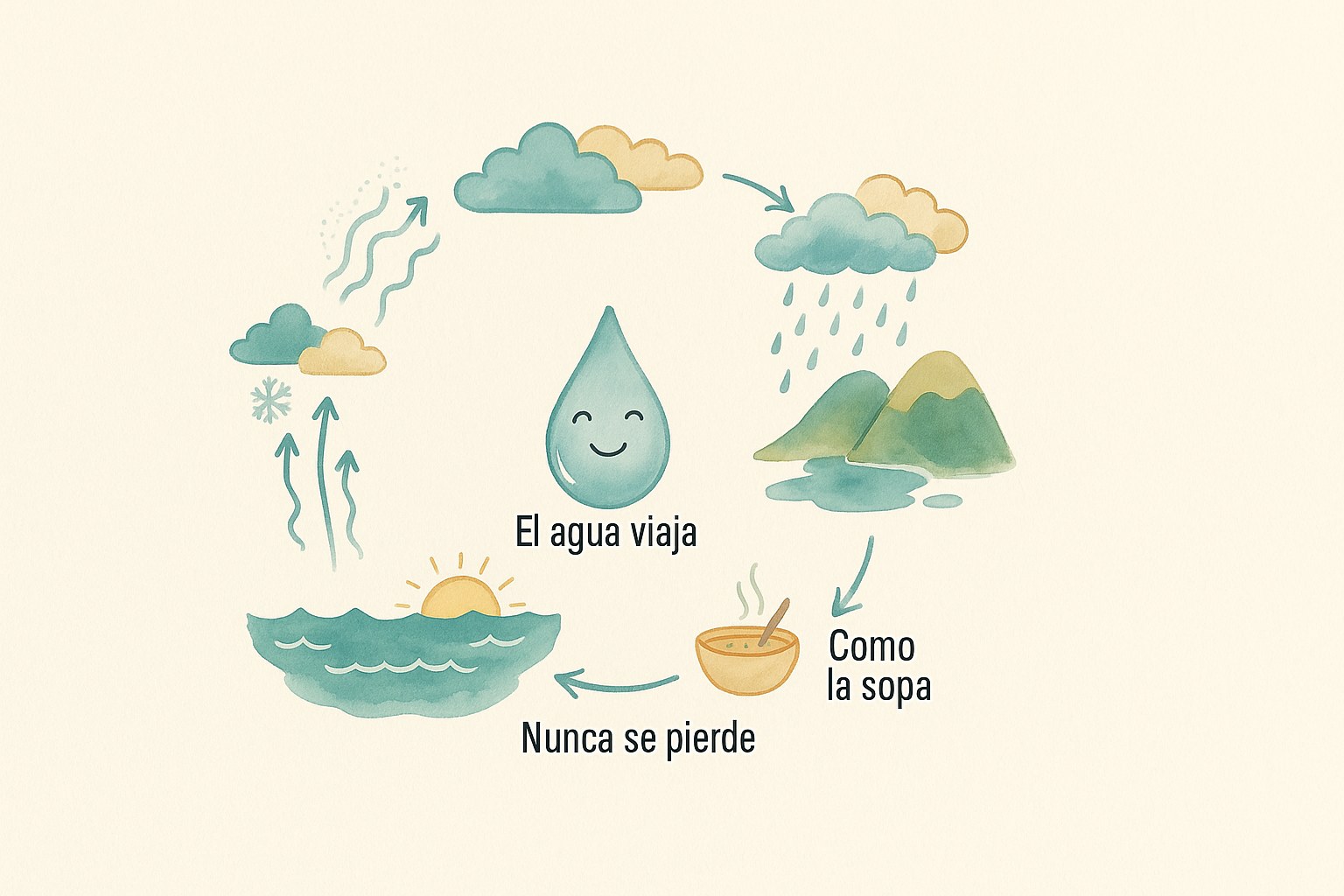 Esquema que muestra las etapas del ciclo del agua para ninos