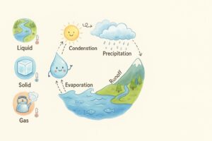 Diagram illustrating the water cycle with the sun, clouds and rain for children