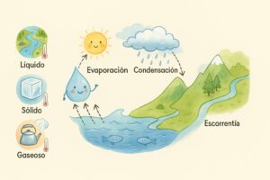 Esquema que ilustra el ciclo del agua con el sol, las nubes y la lluvia para los ninos