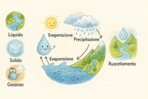 Schema che illustra il ciclo dell'acqua con il sole, le nuvole e la pioggia per i bambini