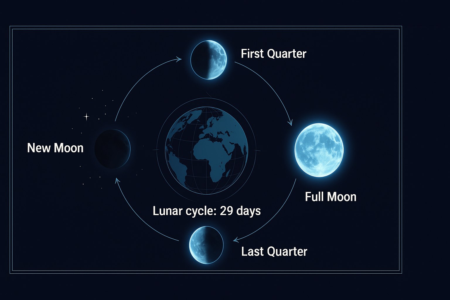 Diagram explaining the different stages of the lunar cycle around the Earth