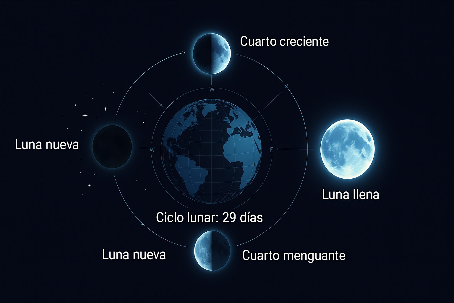 Esquema que explica las diferentes etapas del ciclo lunar alrededor de la Tierra