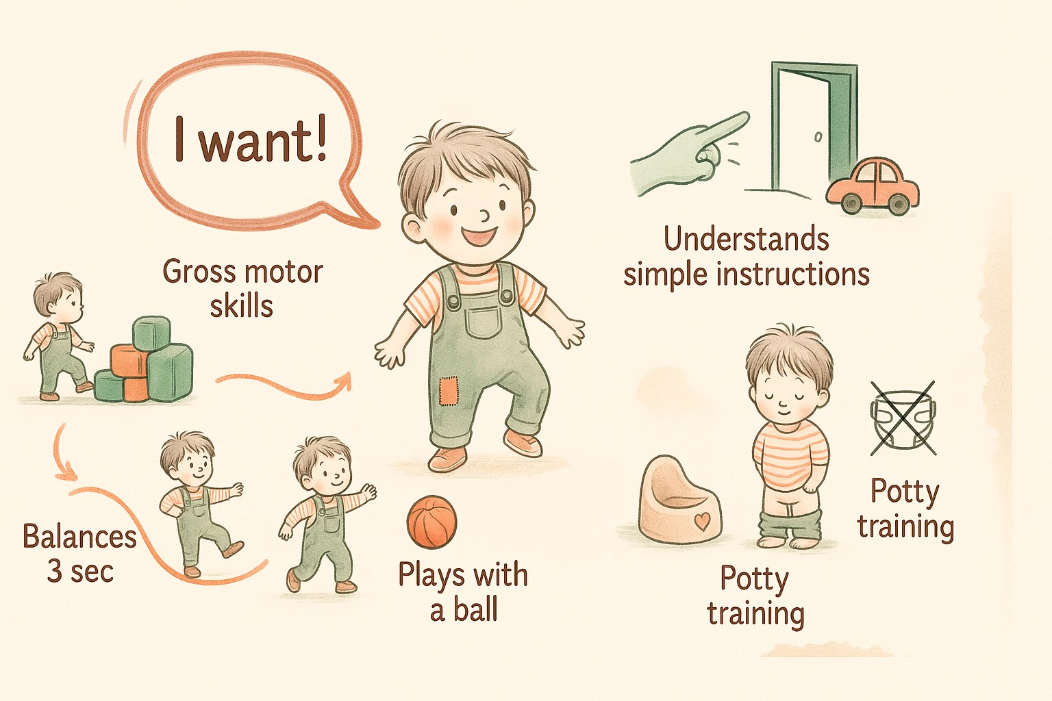 Infographic of a 3-year-old's development: language, gross motor skills and potty training