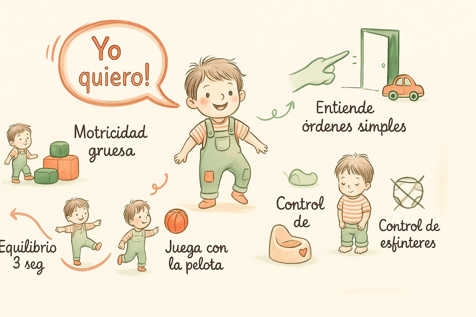 Infografía que resume las etapas clave del desarrollo motor y cognitivo del niño de 3 años