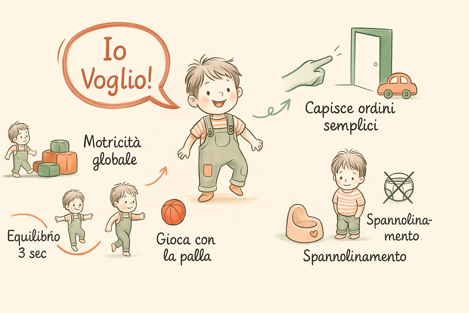 Infografica che riassume le tappe chiave dello sviluppo motorio e cognitivo del bambino di 3 anni