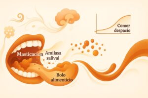 Ilustración de la masticación y de la primera etapa de la digestión en la boca