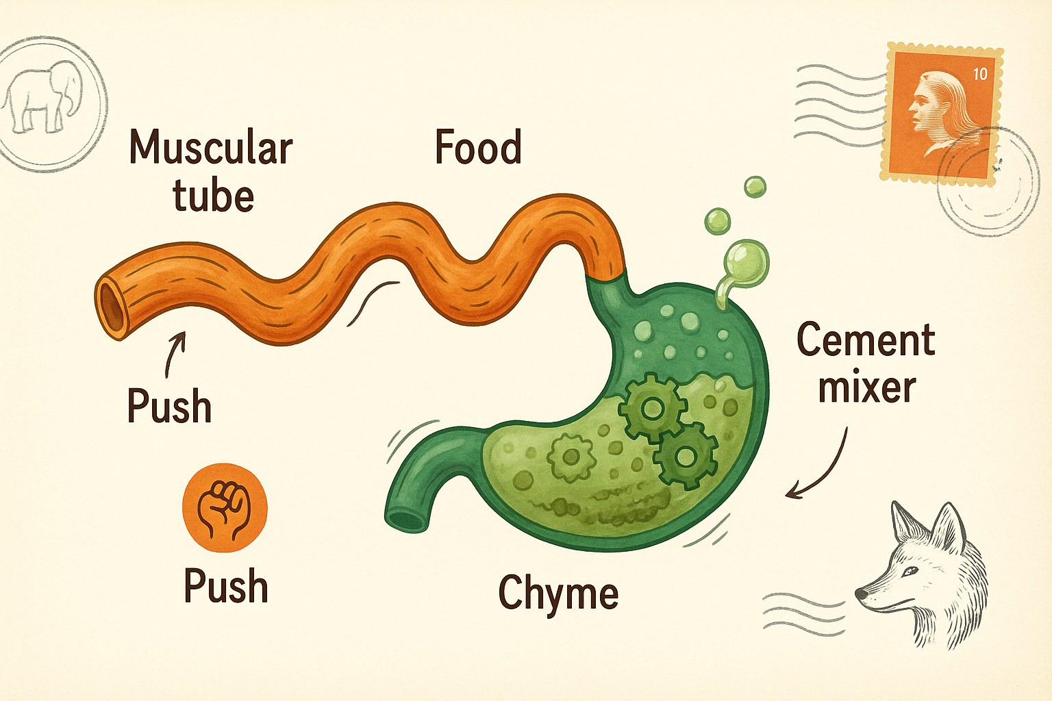 Simple diagram of the digestive system showing the path of food for children