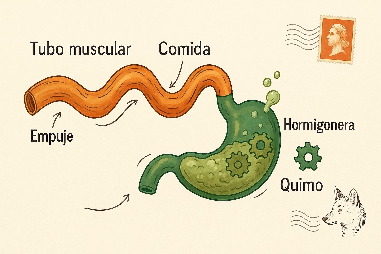 Esquema sencillo del sistema digestivo que muestra el recorrido de los alimentos para ninos