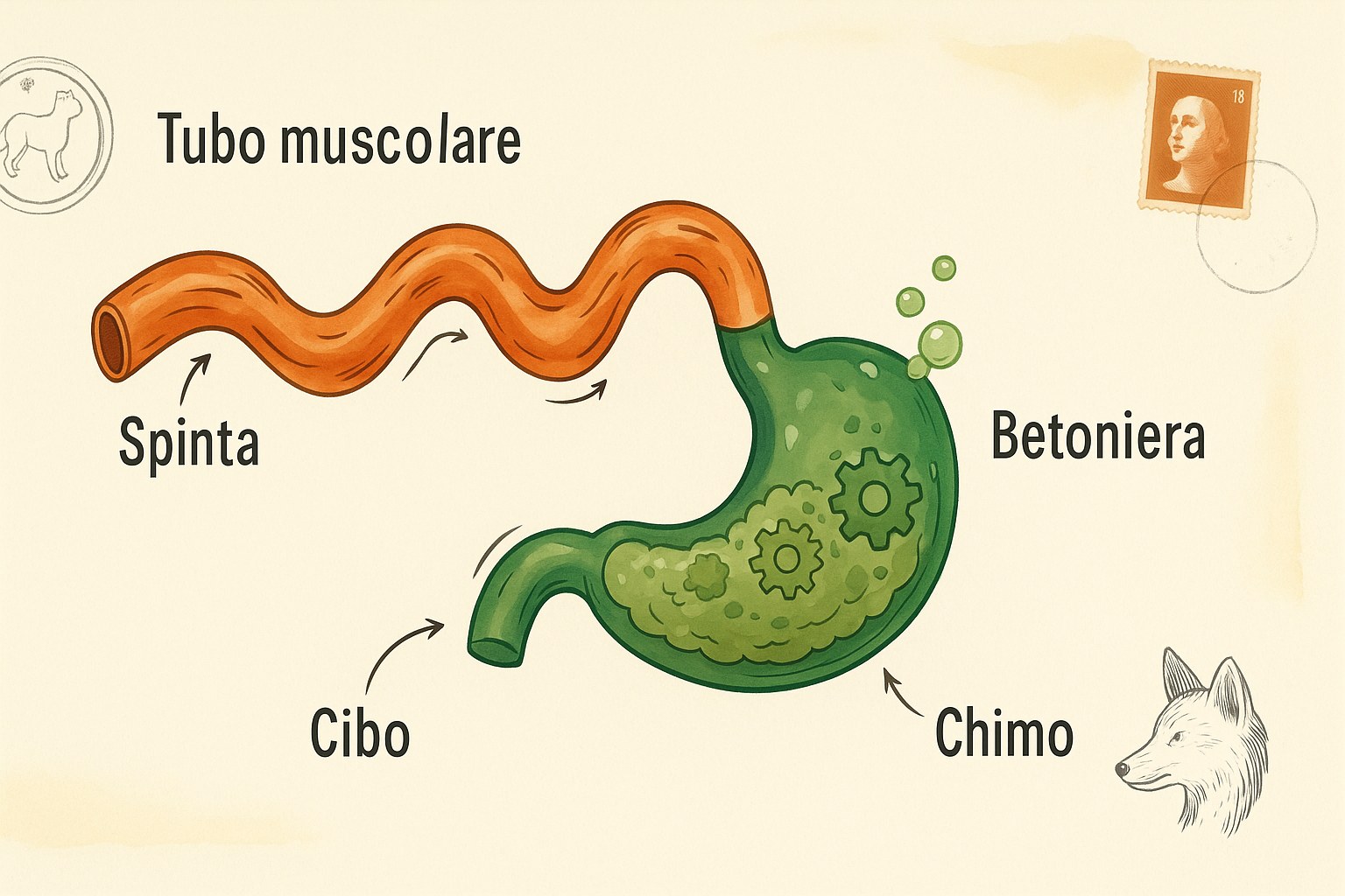 Schema semplificato dell'apparato digerente che mostra il percorso del cibo per i bambini