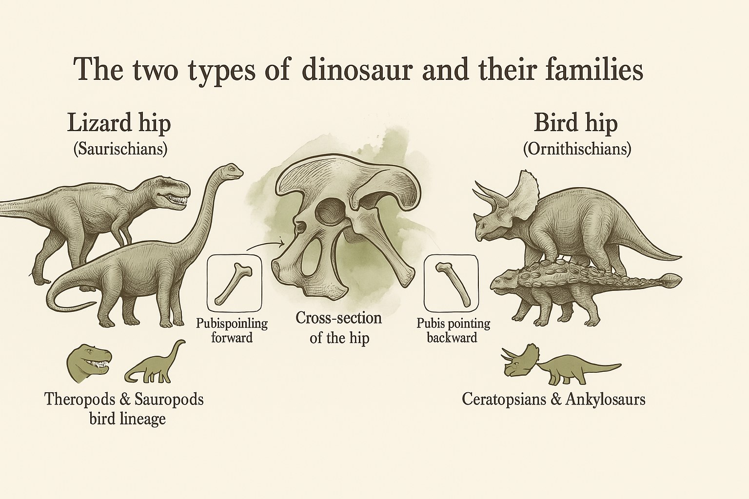 Diagram of the hip bones of saurischian and ornithischian dinosaurs