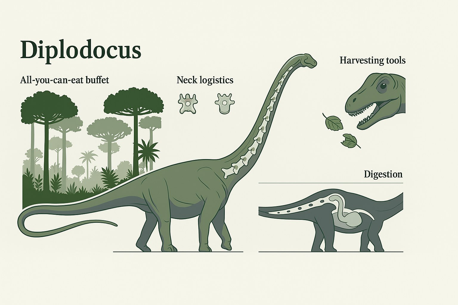 Neck anatomy and digestive system of the Diplodocus