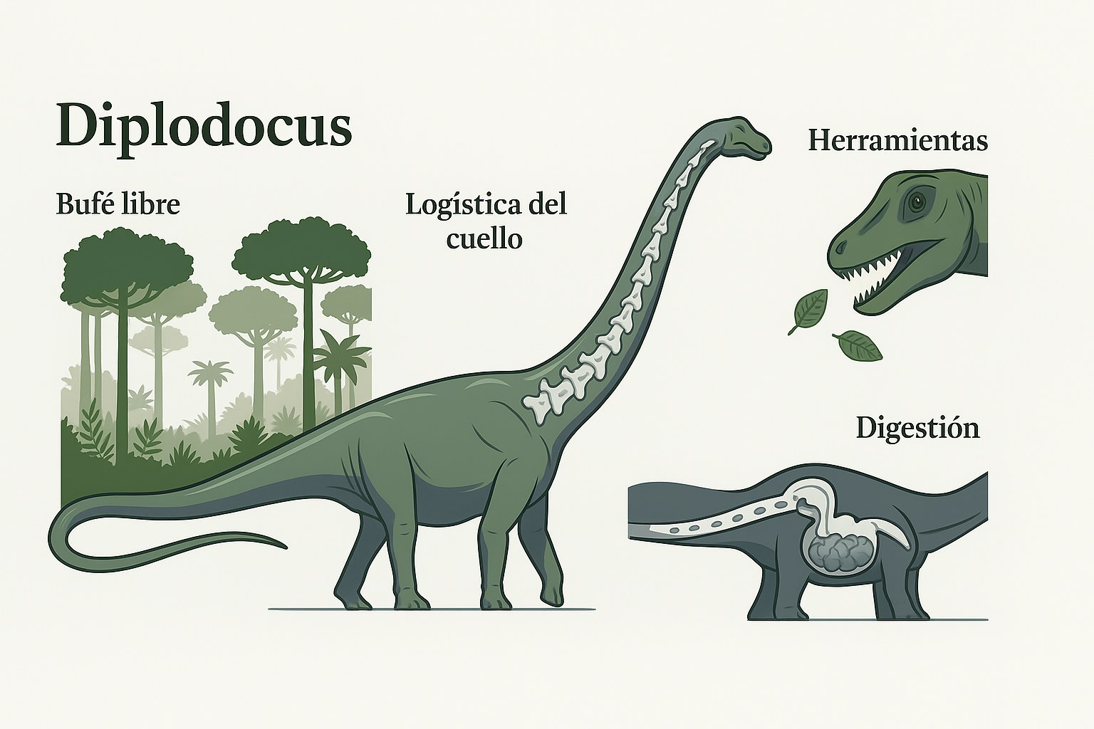Anatomía del cuello y sistema digestivo del Diplodocus