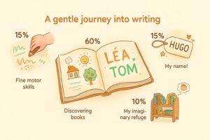 Watercolour infographic showing a child discovering an illustrated book in preschool