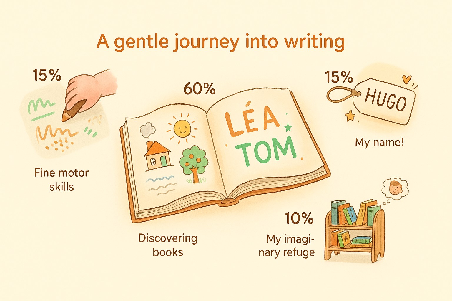 Watercolour infographic showing a child discovering an illustrated book in preschool