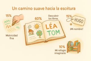 Infografia en acuarela de un nino descubriendo un libro ilustrado en infantil