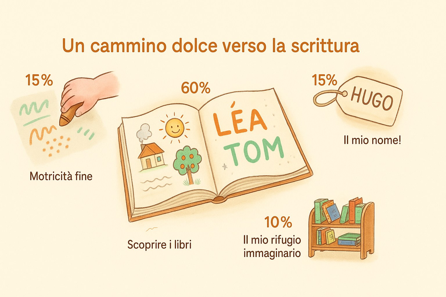 Infografica ad acquerello di un bambino che scopre un libro illustrato all'asilo