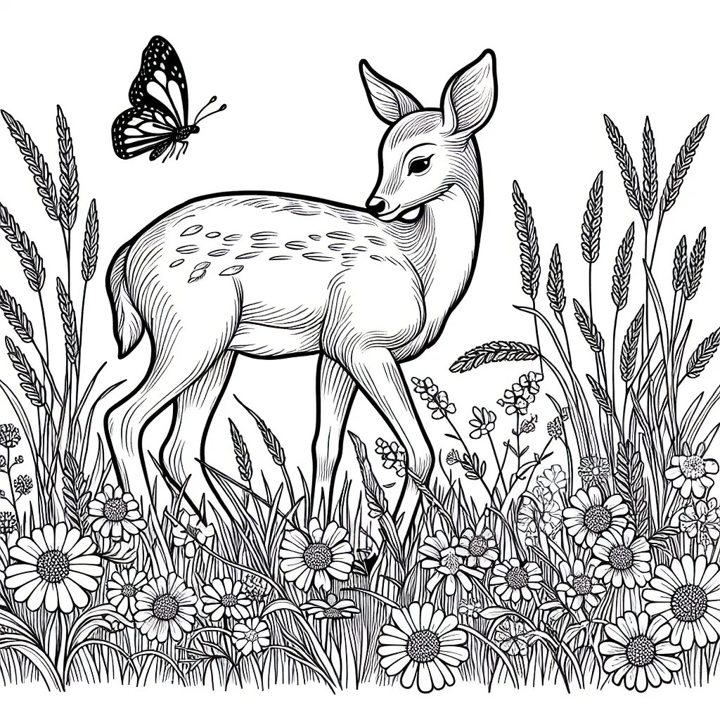 dibujo de una cierva en un prado florido para imprimir