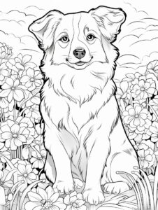 Dog sitting in a field of flowers colouring page to print
