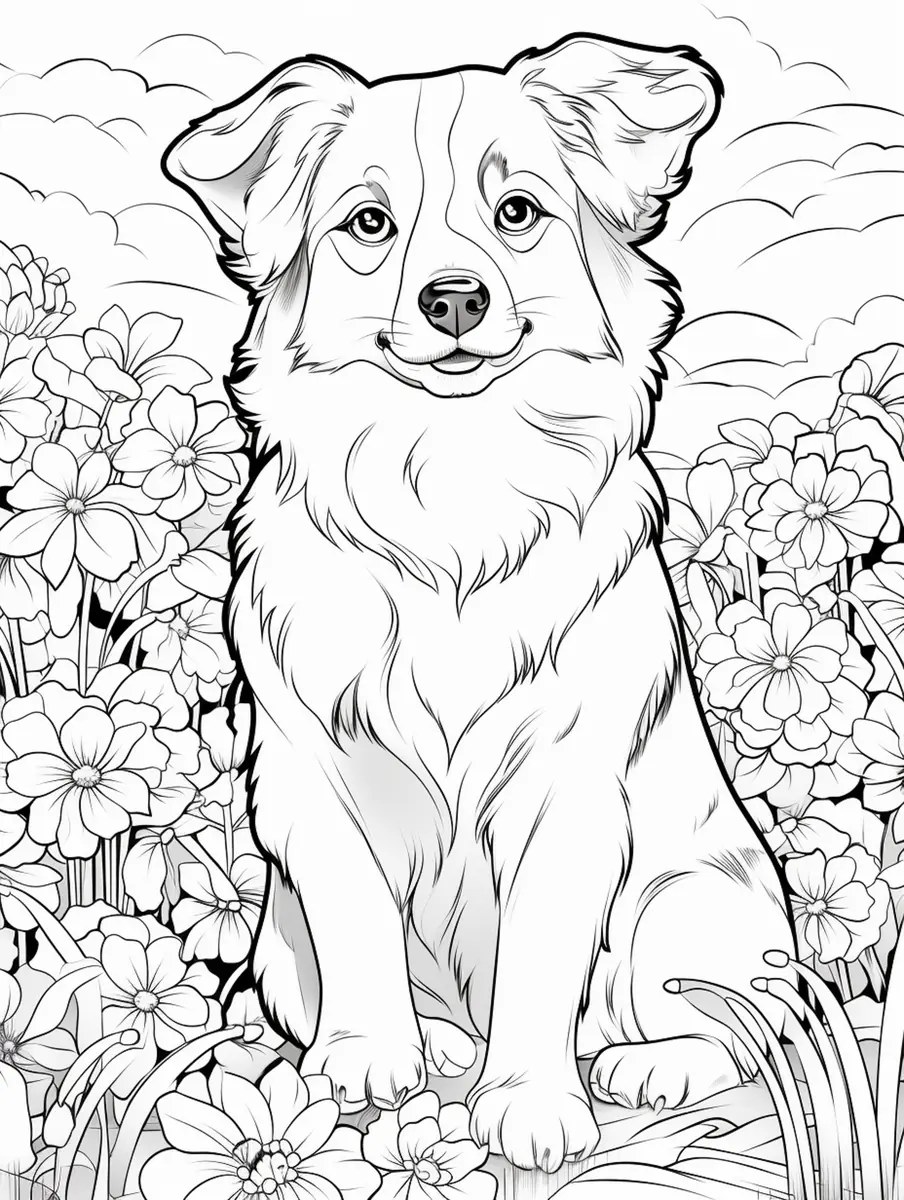 Dog sitting in a field of flowers colouring page to print
