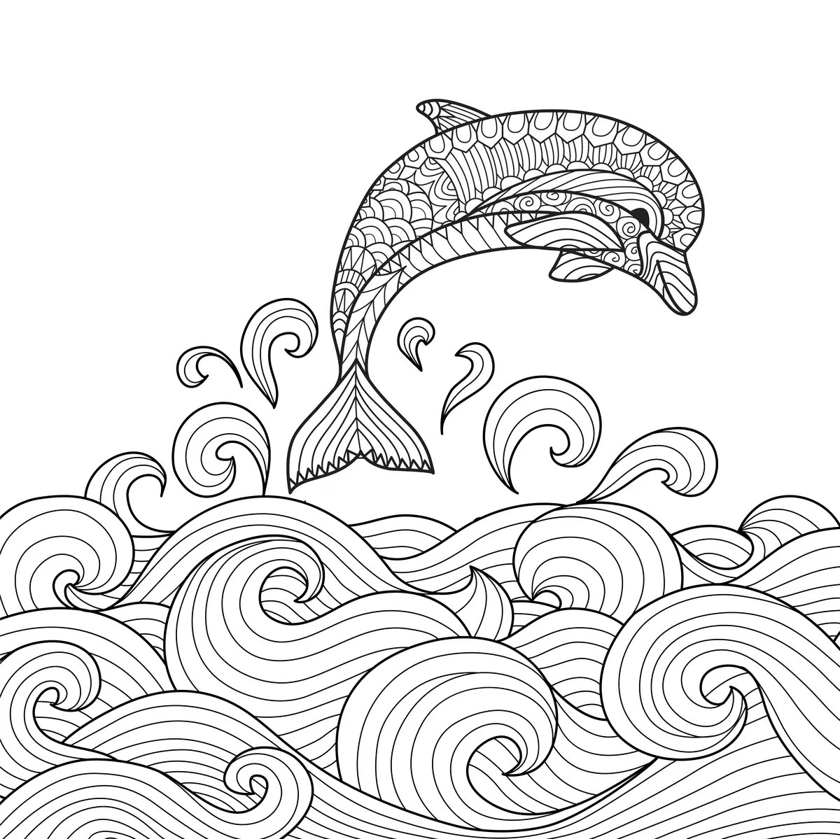 delfín zentangle entre las olas para colorear e imprimir
