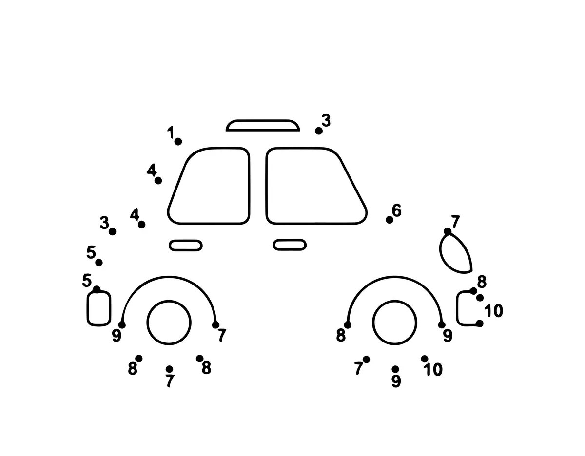 Car dot-to-dot 1 to 10 to print for beginners