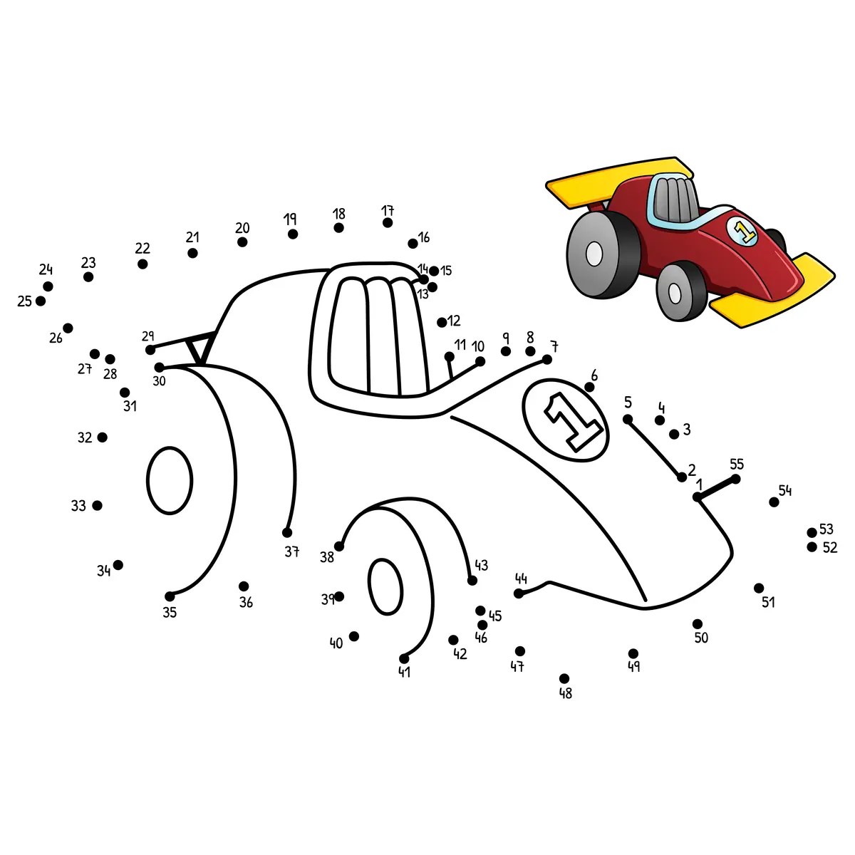 Formula 1 race car dot-to-dot to print