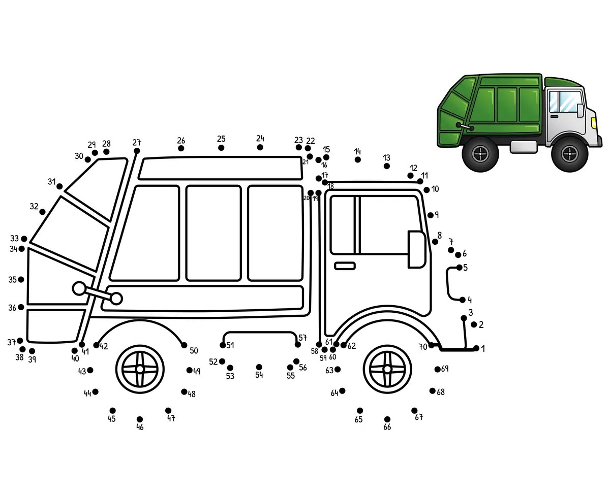 Bin lorry with rear container dot-to-dot to print