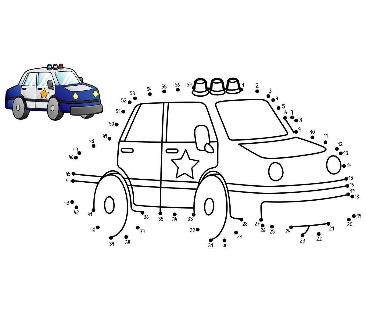 Police car with flashing light dot-to-dot to print