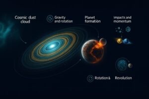 Infographic showing the formation of the Earth from a swirling disc of cosmic dust