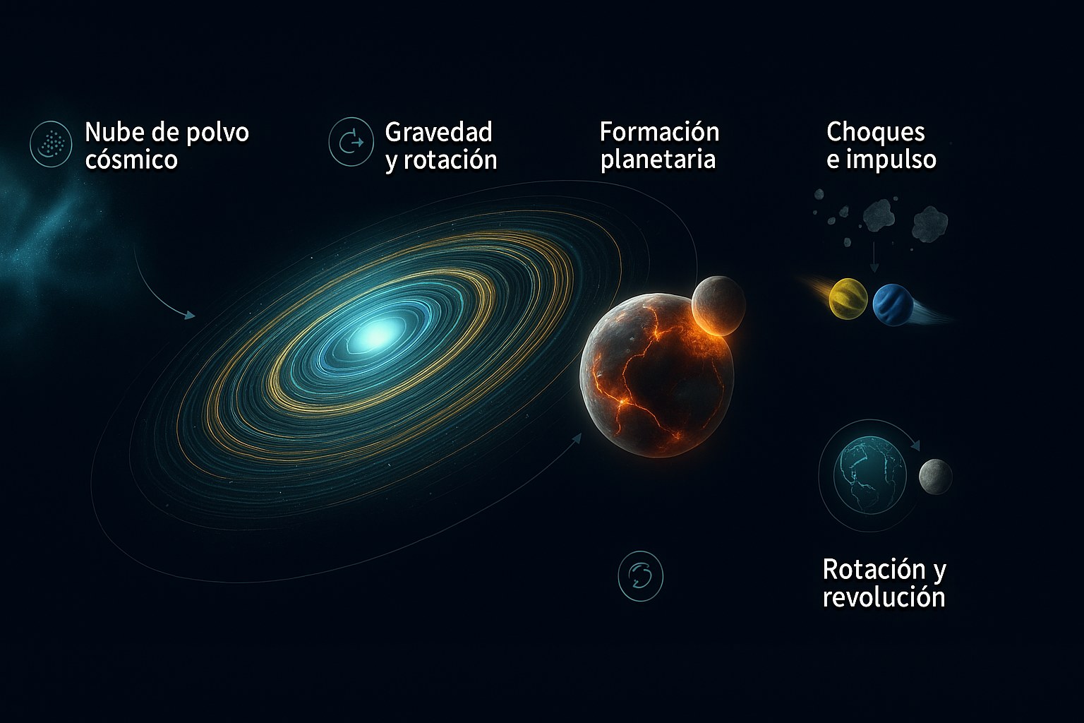 Infografía que muestra la formación de la Tierra a partir de un disco de polvo cósmico