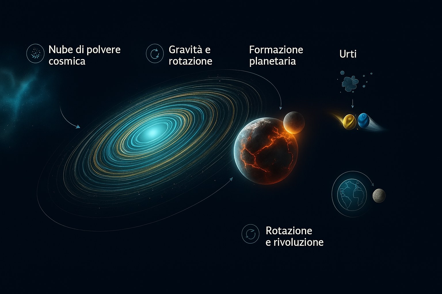 Infografica che mostra la formazione della Terra da un disco di polvere cosmica