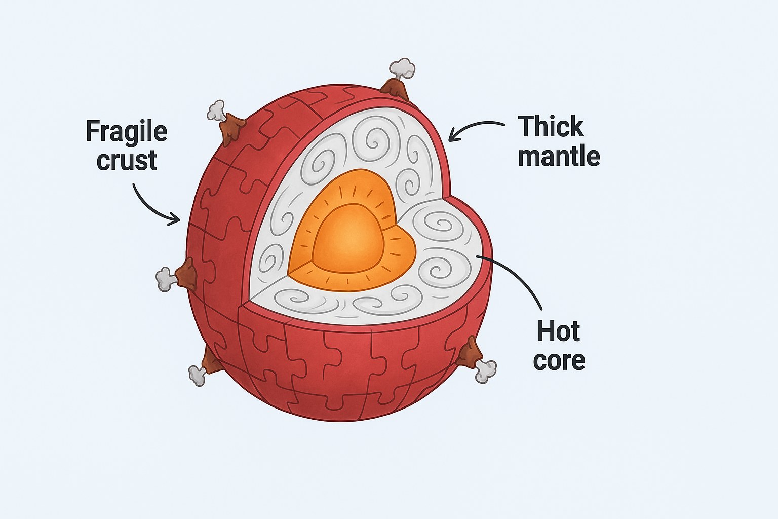 Cutaway illustration of the Earth showing the fragile crust, the thick mantle and the hot core