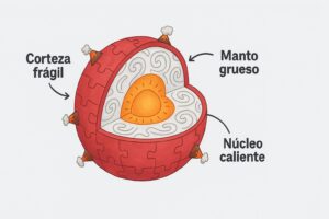 Ilustración en corte de la Tierra que muestra la corteza frágil, el manto grueso y el núcleo caliente