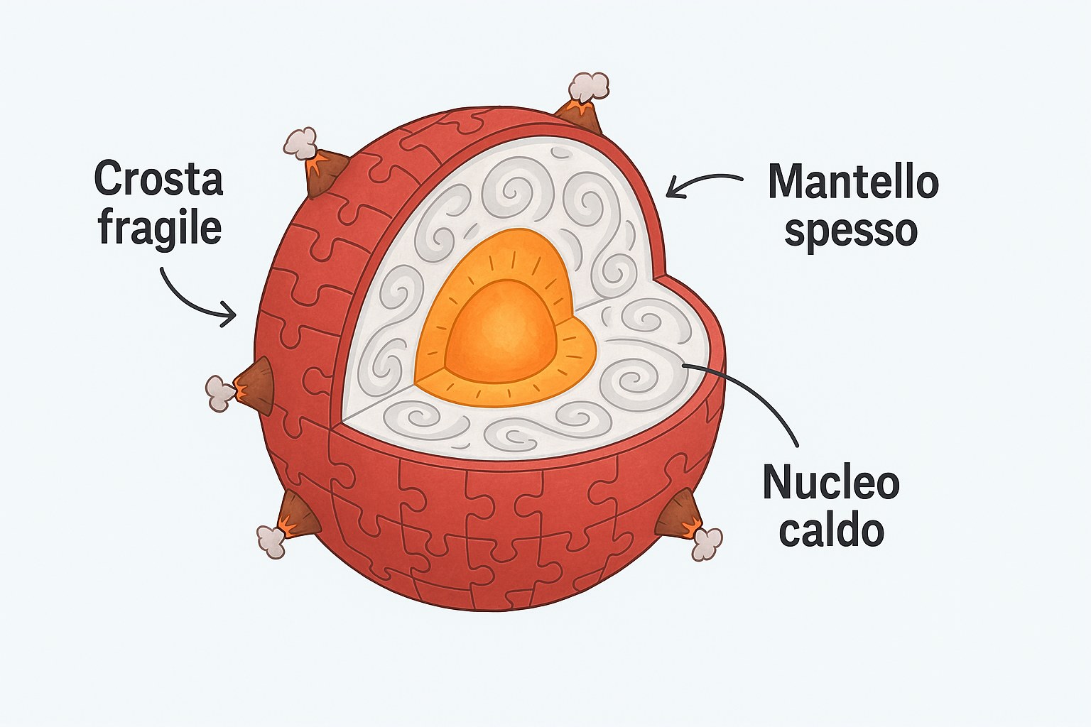 Illustrazione in sezione della Terra che mostra la crosta fragile, il mantello spesso e il nucleo caldo
