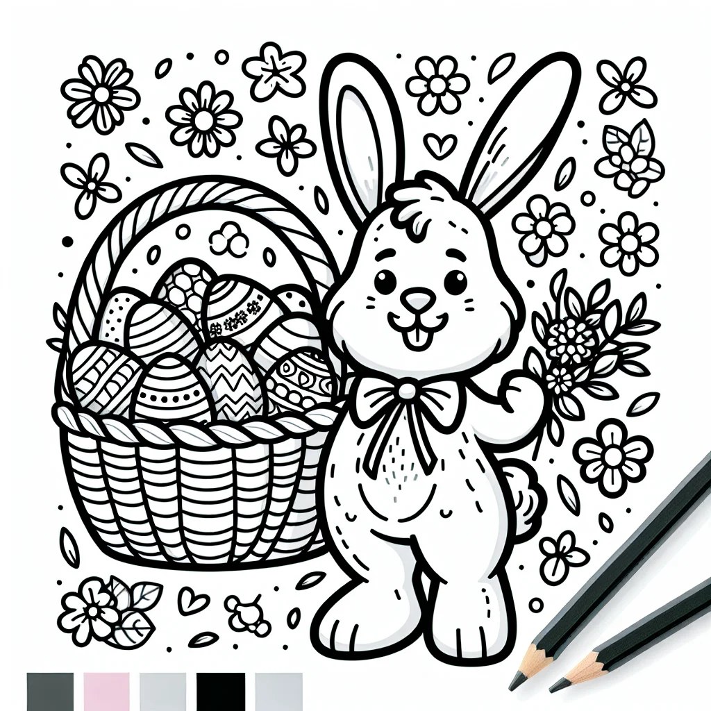 conejo de Pascua llevando una cesta de huevos decorados para colorear e imprimir