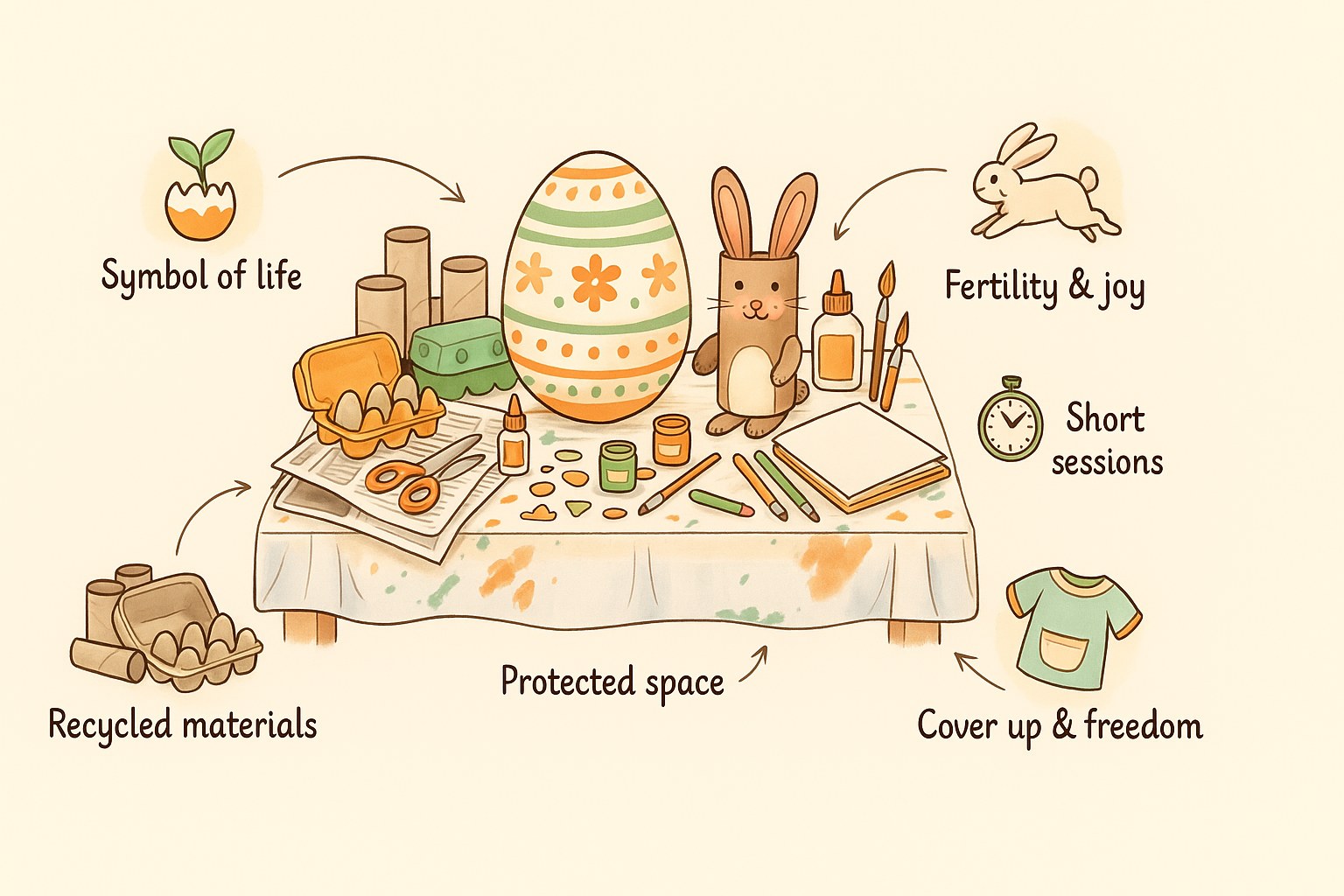 Illustrated guide to Easter crafts using recycled materials: symbol of life, recycled materials, short sessions and a protected space