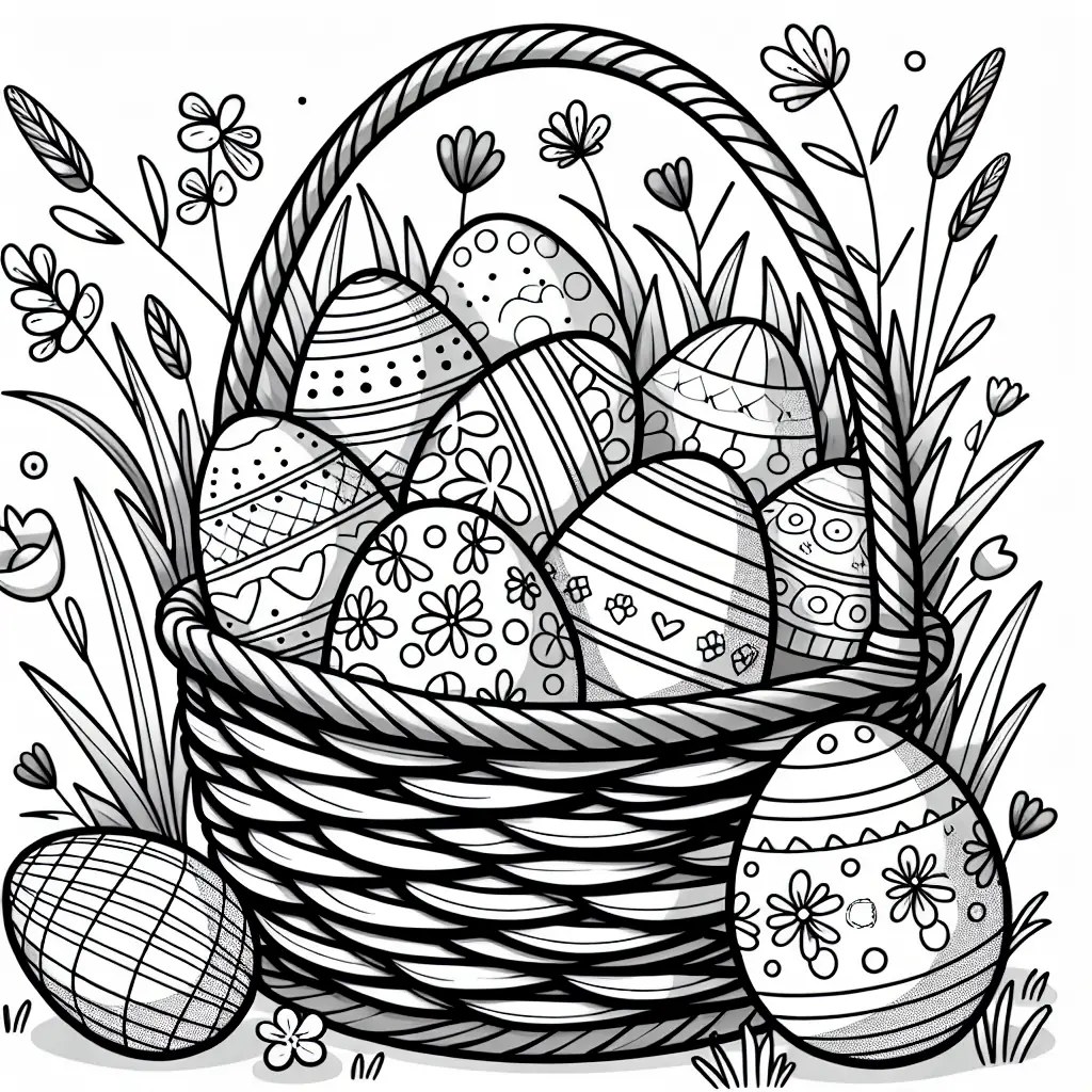 basket of Easter eggs colouring page to print