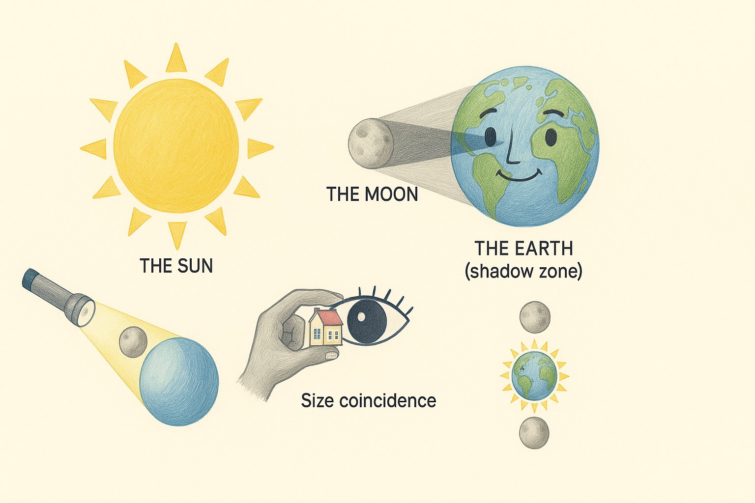 Educational diagram showing the Sun, the Moon and the Earth lining up during an eclipse